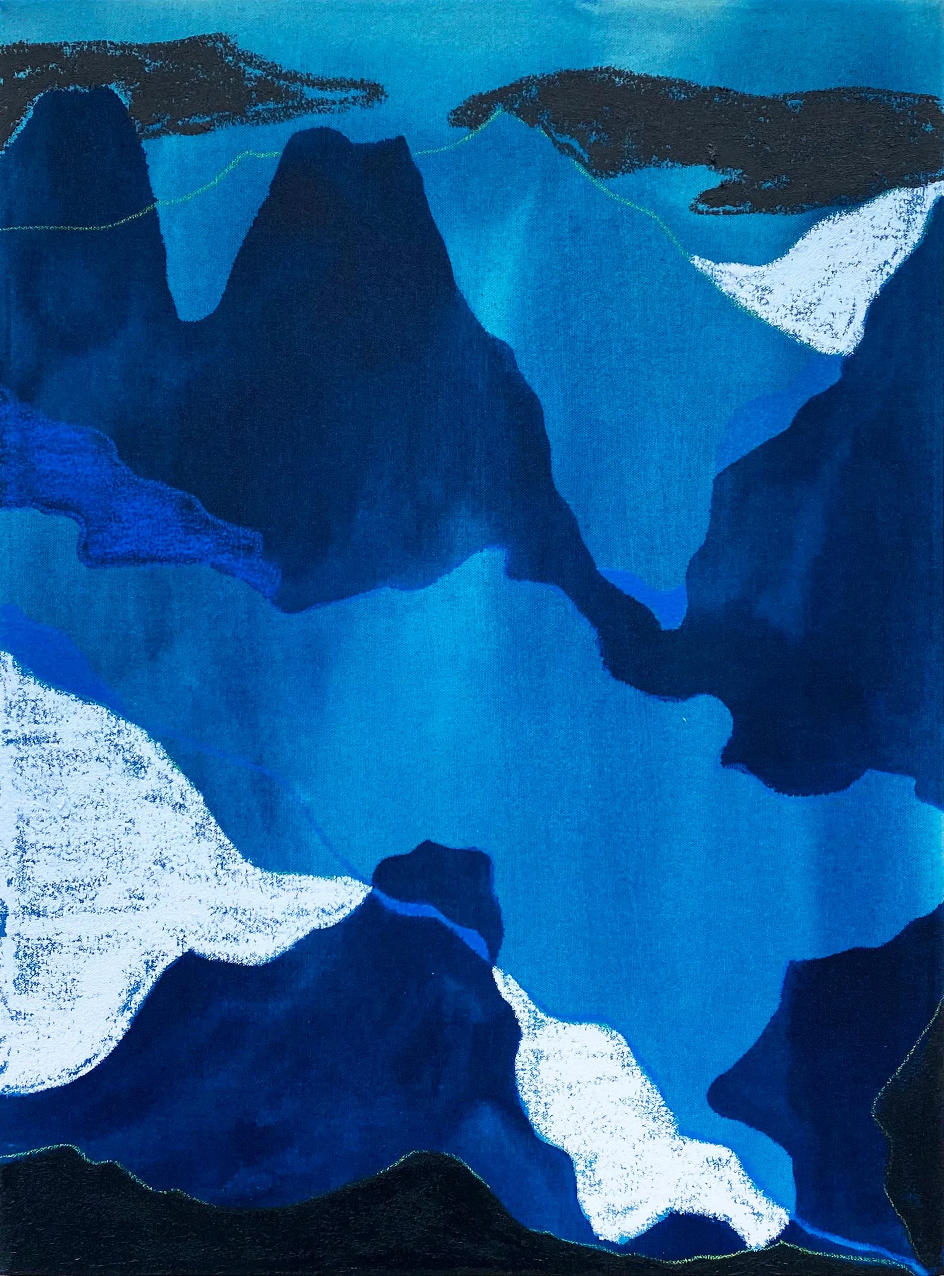 Garden of Evening Mists – abstract landscape in deep blues and white on canvas