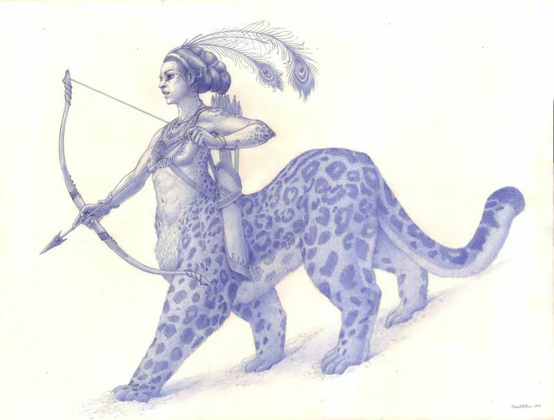 Ballpoint pen drawing of a warrior woman with a tiger and prey