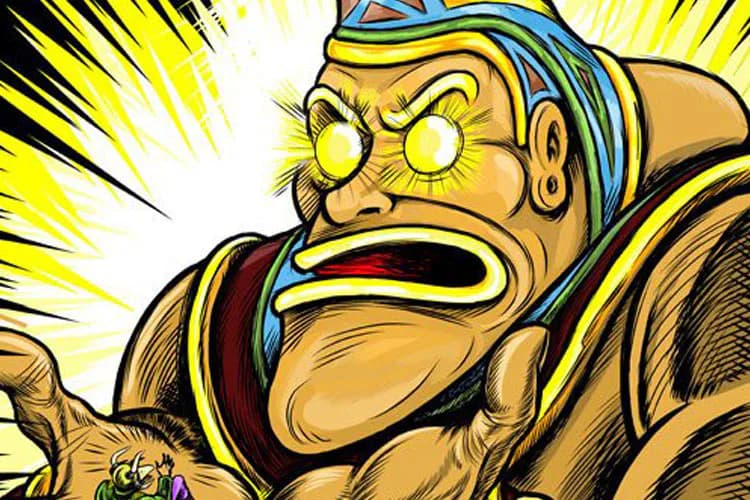Colorful comic-style illustration of an angry bearded man with yellow skin and blue headwrap, mouth open in rage, yellow radiating lines in background.