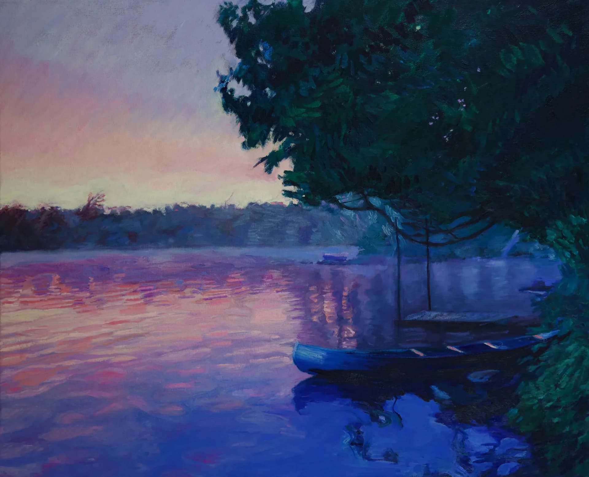 Acrylic painting of boats moored by a tree-lined riverbank at sunset, with pink and purple reflections on blue water.