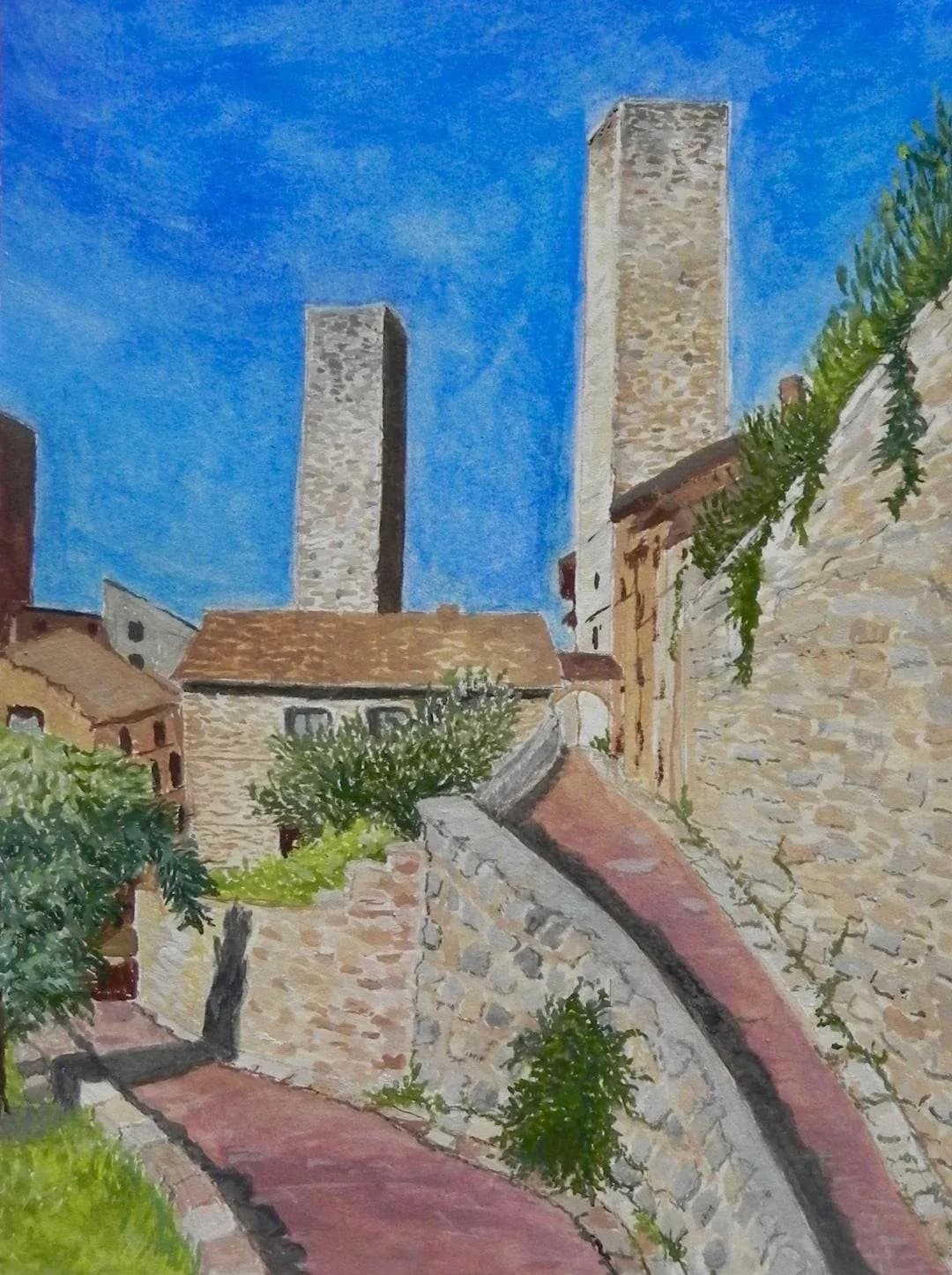 Watercolour painting of the medieval towers of San Gimignano with stone street and ivy-covered walls