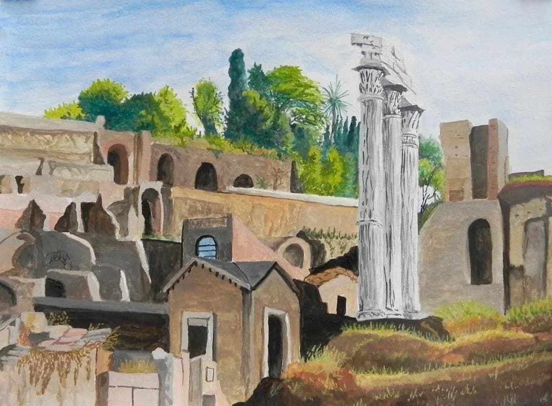 Watercolour mountain lake landscape with snow-capped peaks and lush forest reflections