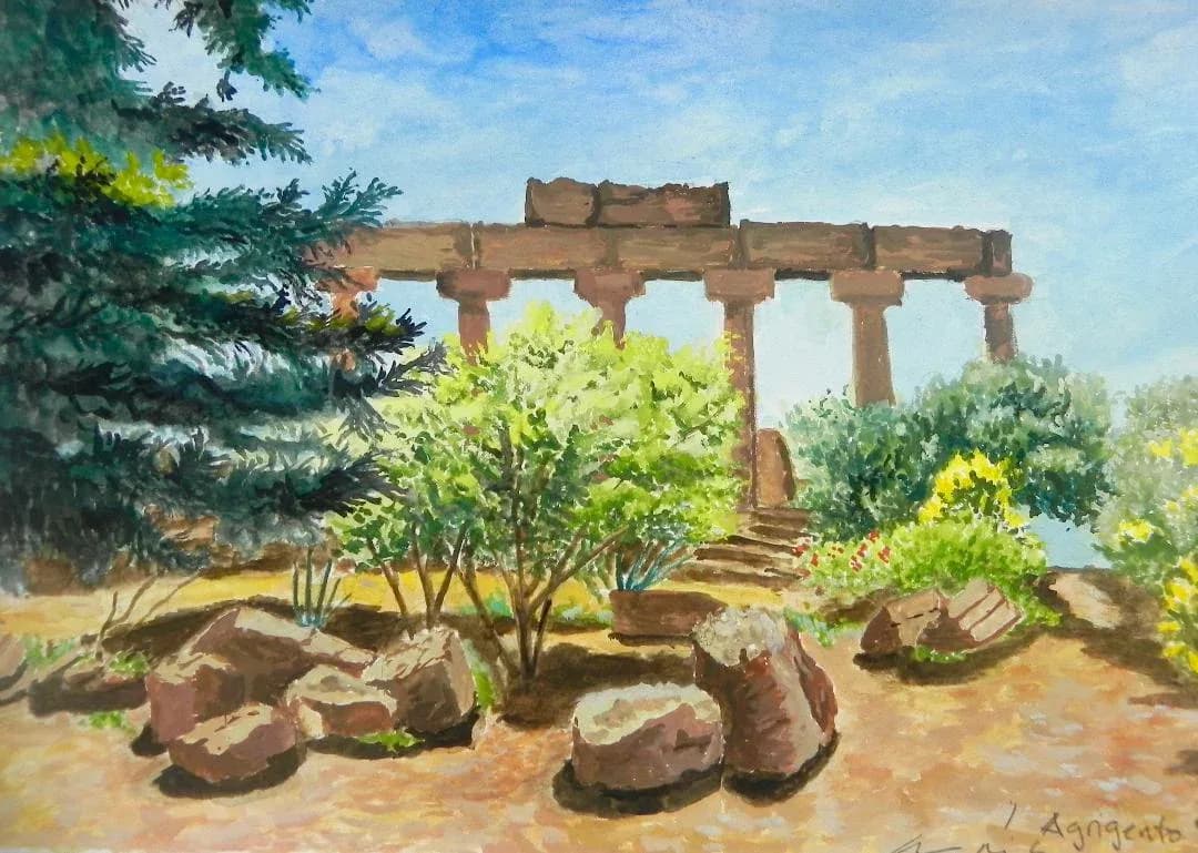 Watercolour painting of ancient Greek temple columns at Agrigento surrounded by trees and rocks