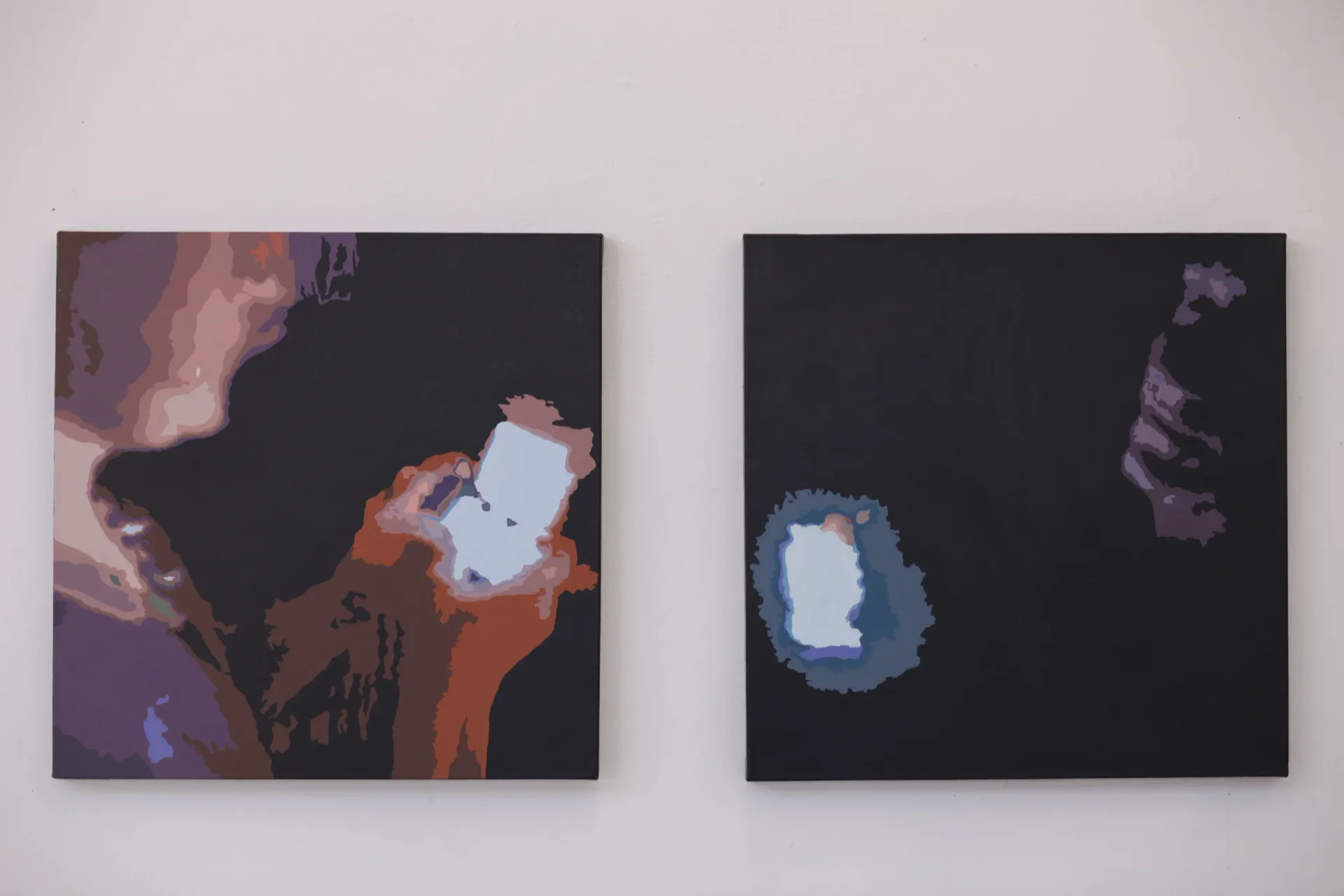 Diptych of dark paintings with figures and glowing phone light details