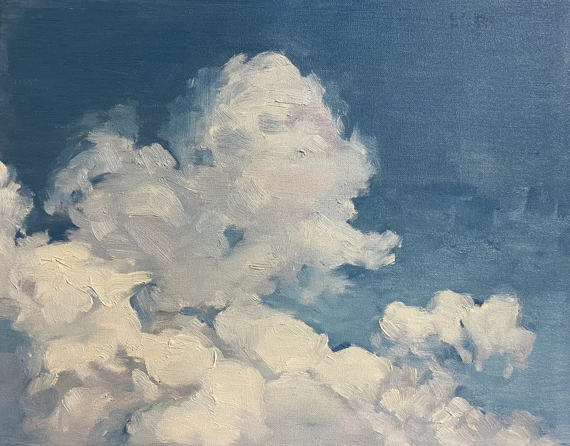 Oil painting of cumulus clouds against a deep blue sky