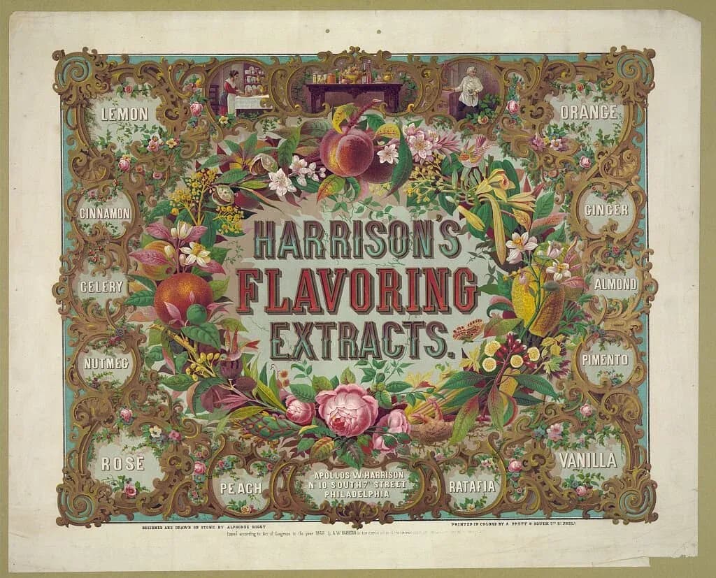 Harrison's Flavoring Extracts ornate Victorian chromolithograph advertisement