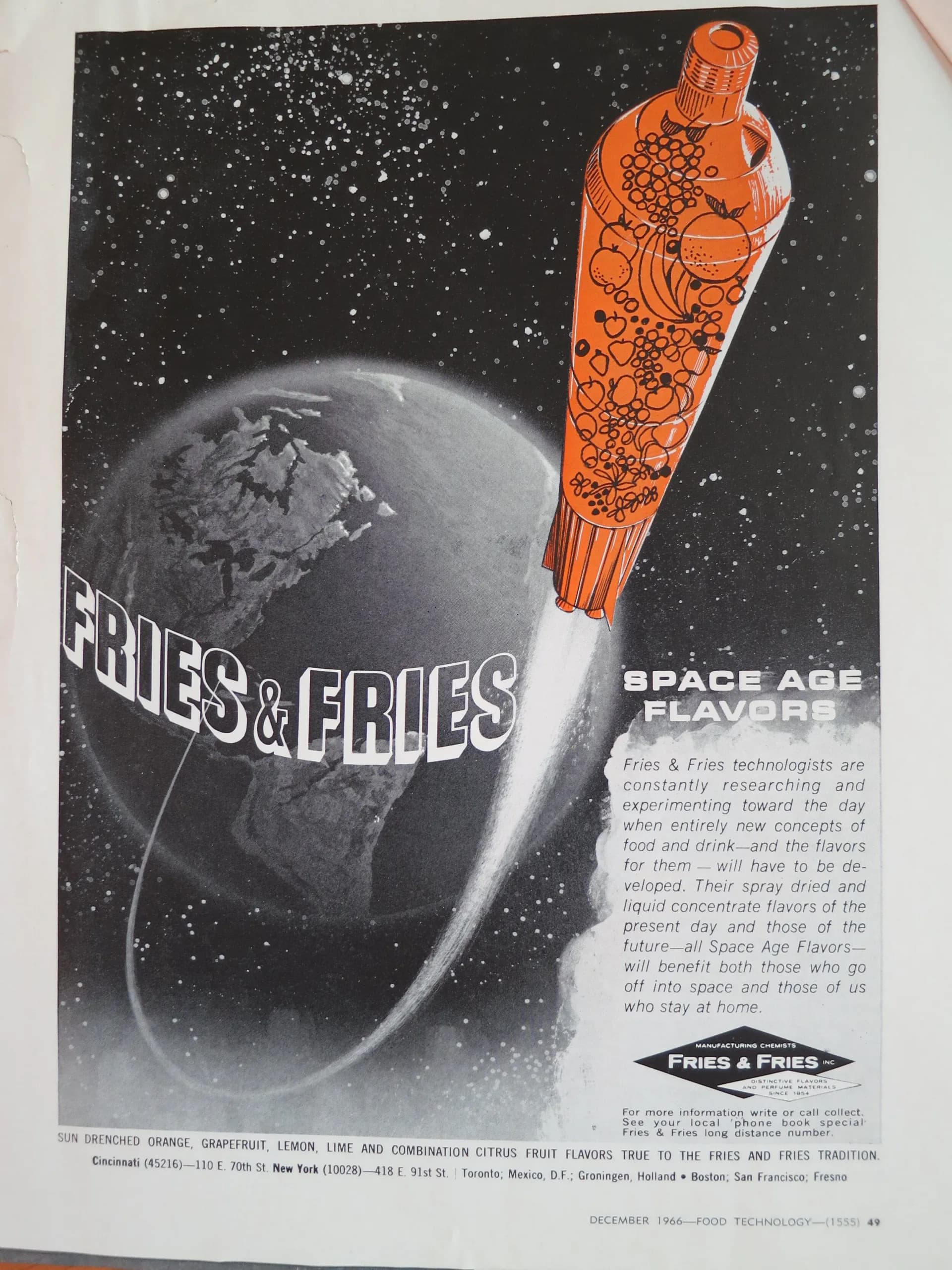 Fries and Fries Space Age Flavors advertisement with rocket and globe illustration