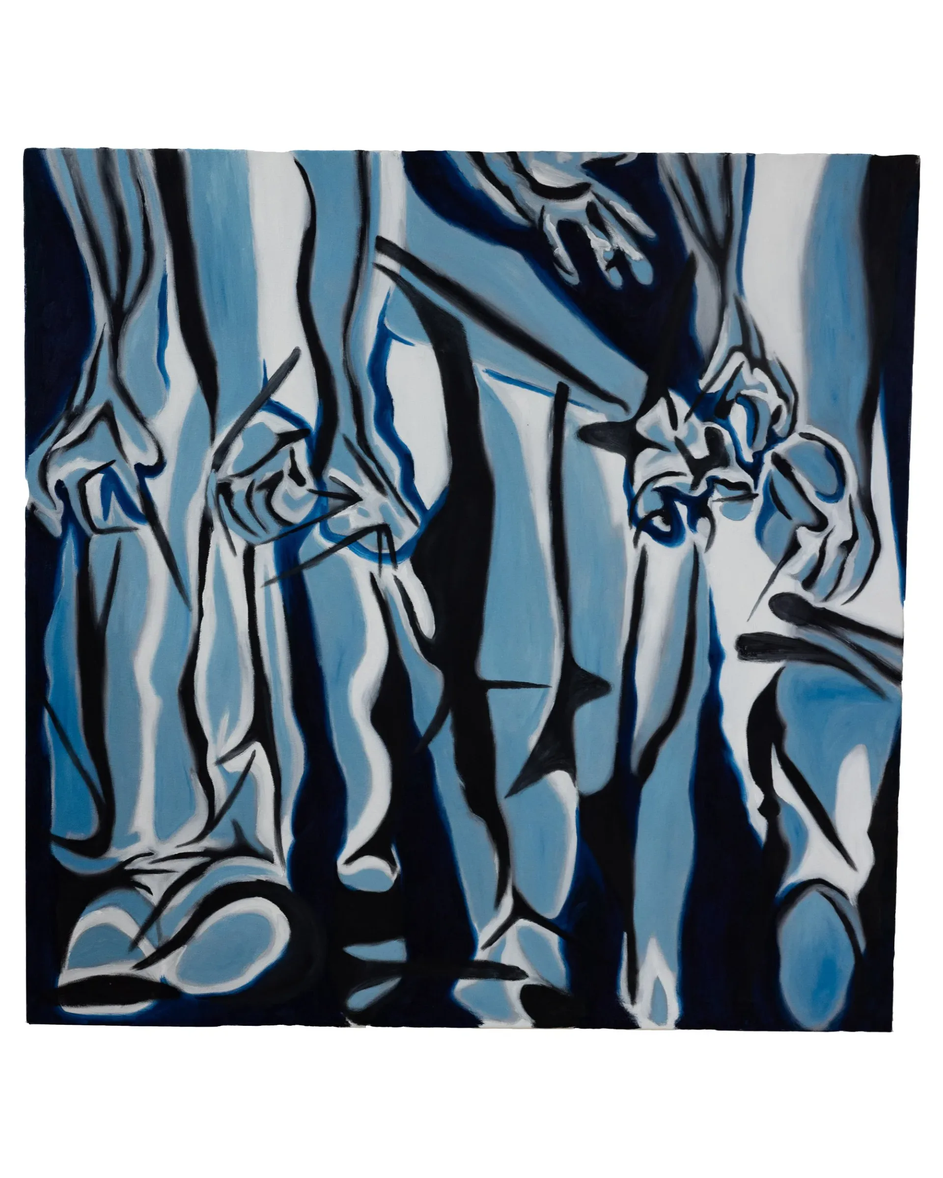 Large blue painting of intertwined legs and hands in denim