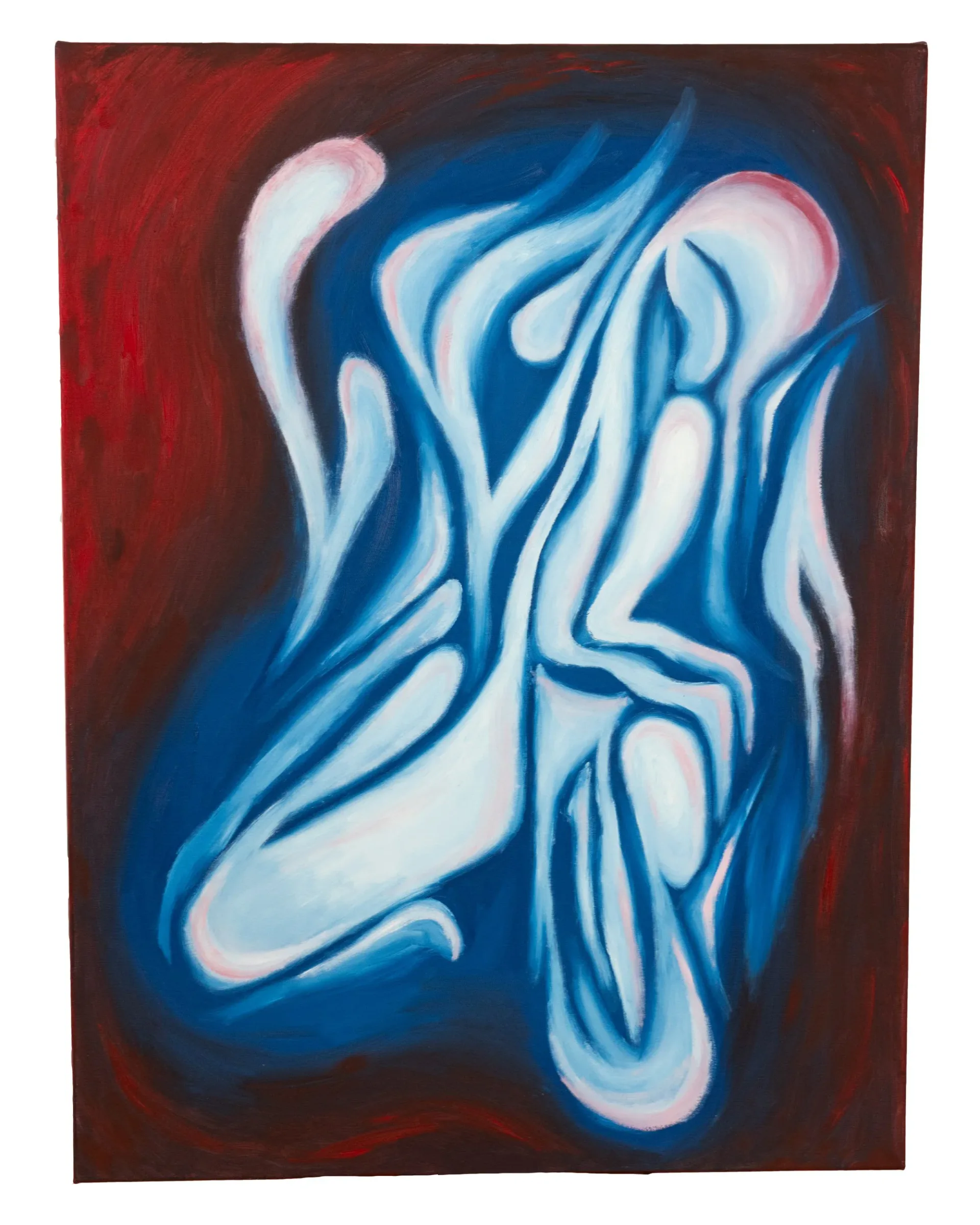 Acrylic painting of flowing, abstract white form outlined in blue against a deep red and blue background, with soft pink accents.