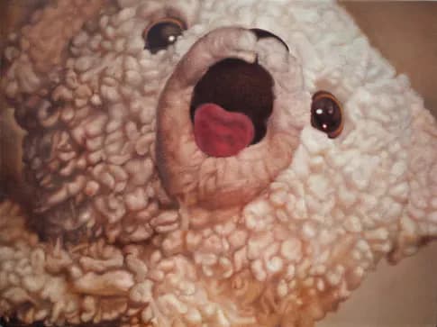 Close-up hyperrealistic painting of a teddy bear face with open mouth