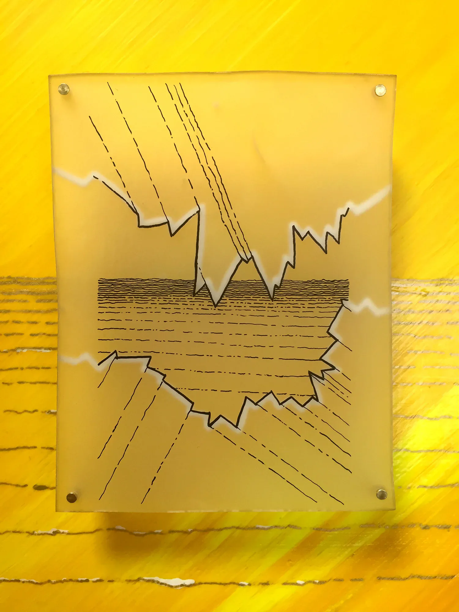 Detail of mixed-media artwork with abstract seismic or tectonic line drawing on frosted acrylic mounted on yellow painted panel with silver horizontal lines