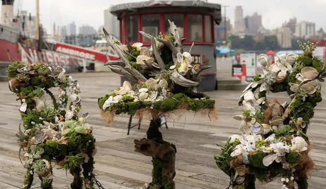Three sculptural installations with organic forms, moss, and white flowers on urban rooftop with city skyline and industrial structures.
