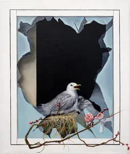 Painting of a seagull nesting in a broken window frame with pink blossoms