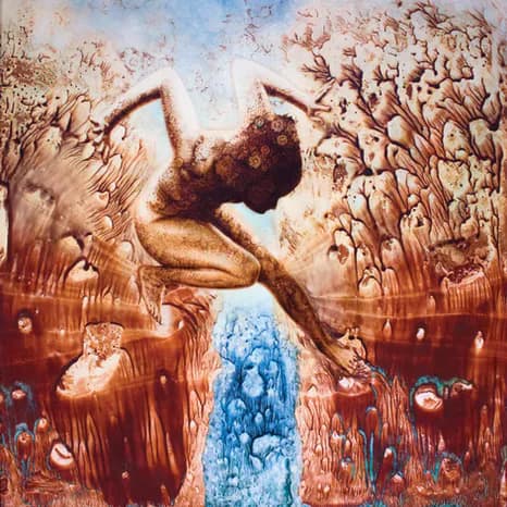 Figurative painting of crouching human form emerging from rich earthy red-brown organic landscape with blue water element