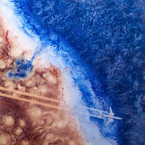 Aerial-view style painting of airplane flying over blue and brown textured landscape