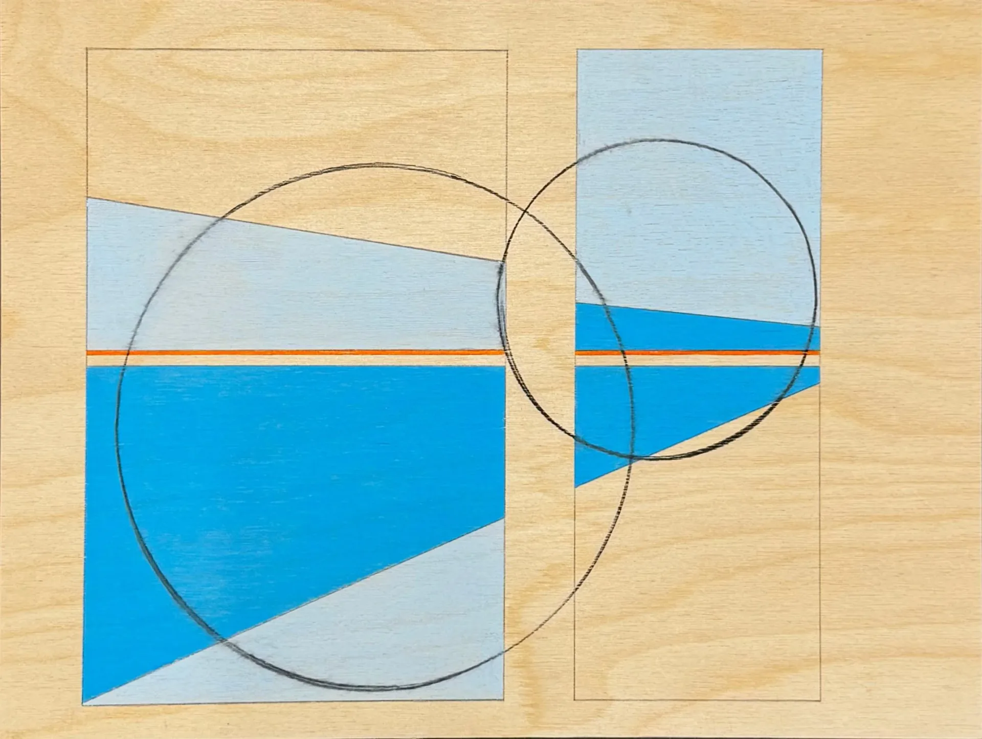 Abstract geometric painting on birch panel with blue and light blue triangular forms, orange stripe, and graphite circles