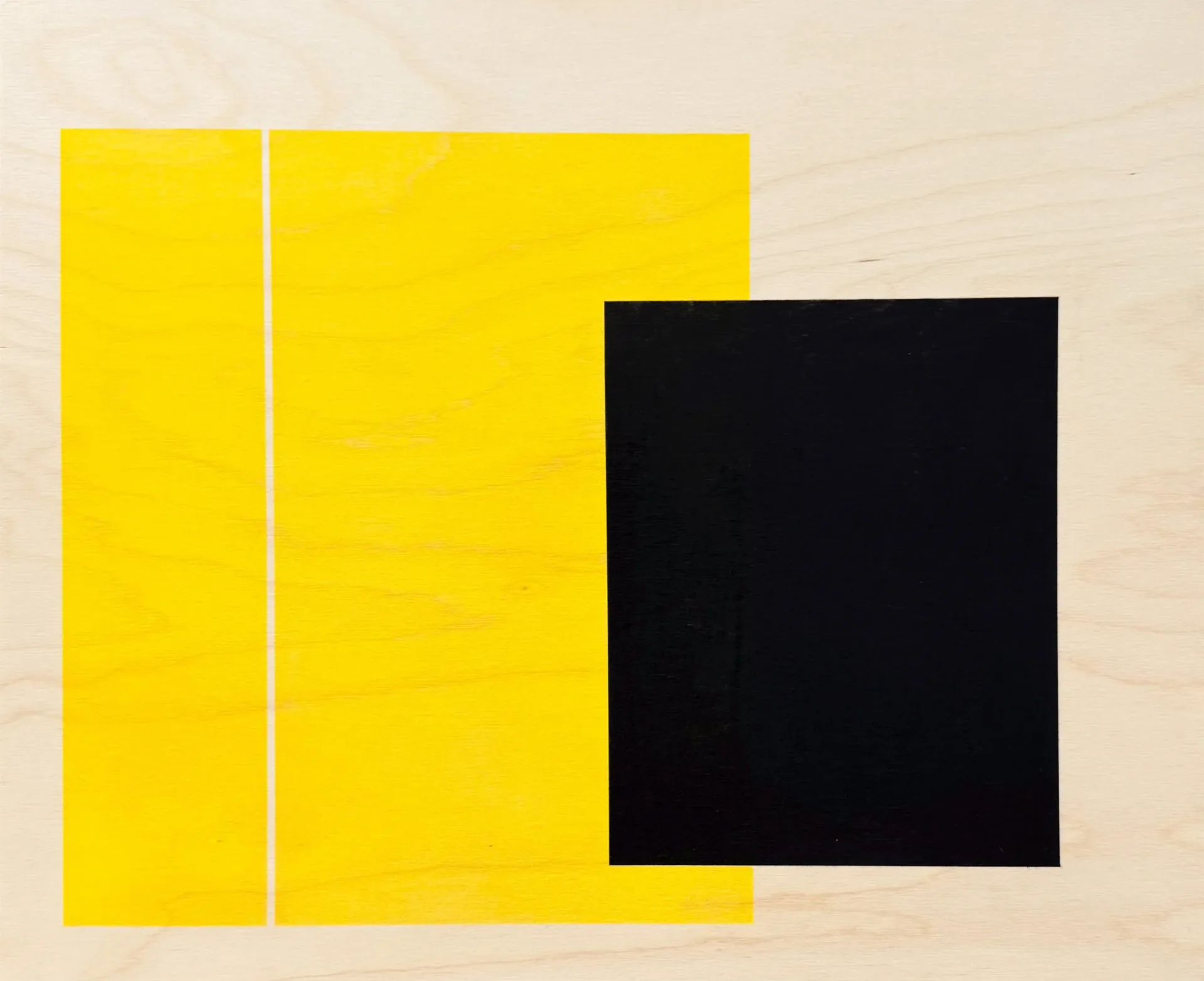 Abstract geometric painting on birch plywood with yellow and black rectangular forms