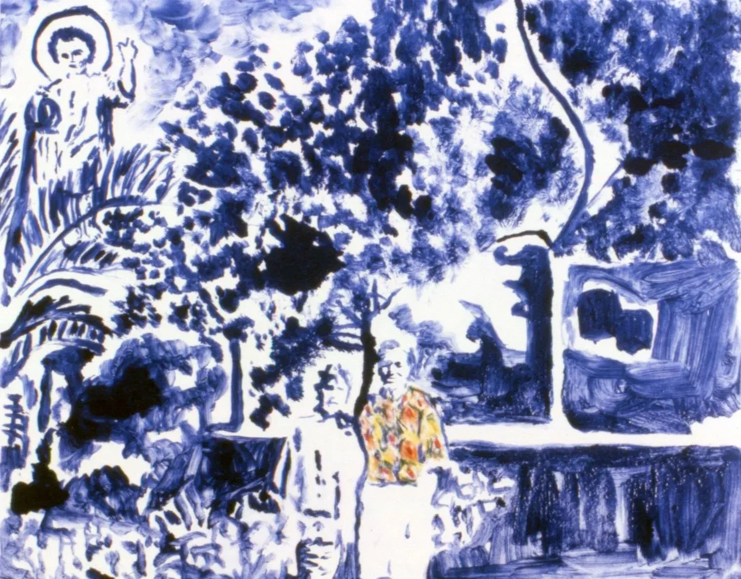 Blue and white mixed-media work with expressive figures, botanical elements, and gestural marks in Nicolás Dumit Estévez's characteristic style.