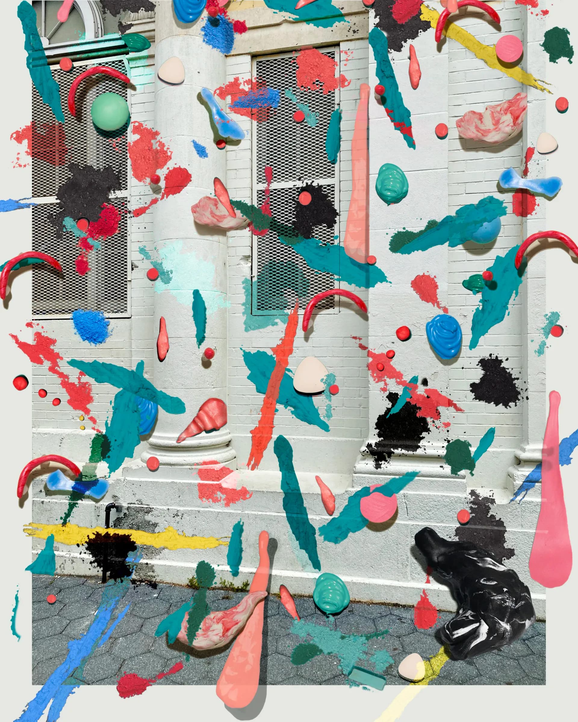 Mixed-media digital collage of paint splashes and sculptural objects on urban building facade