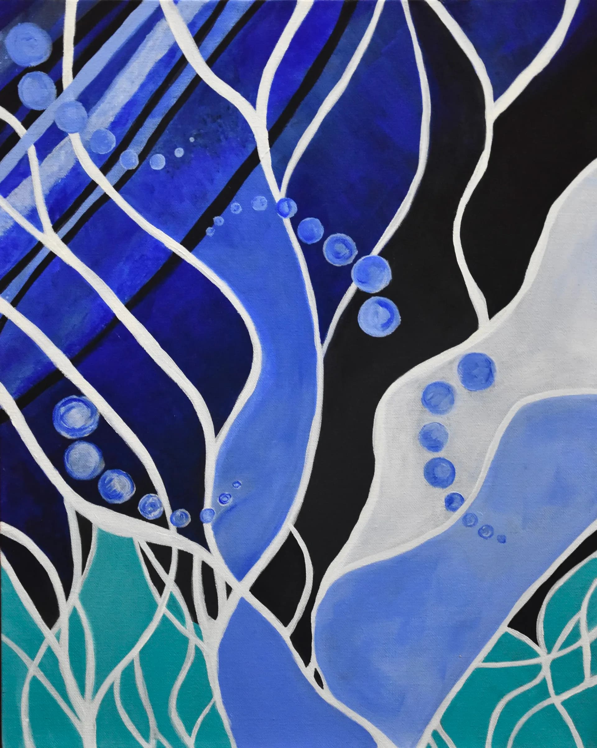 Abstract painting with blue and teal tones featuring flowing organic shapes, white lines, and bubble motifs