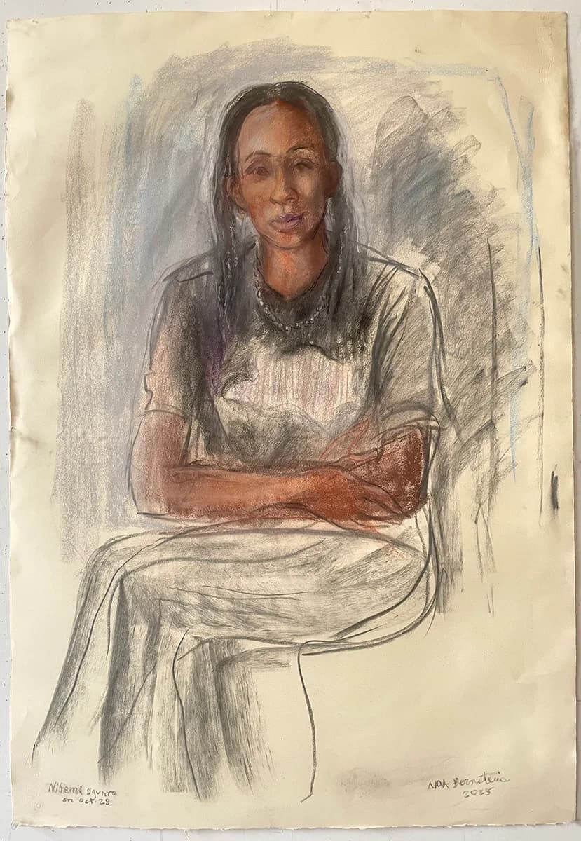 Charcoal and pastel portrait of a seated woman with braided hair