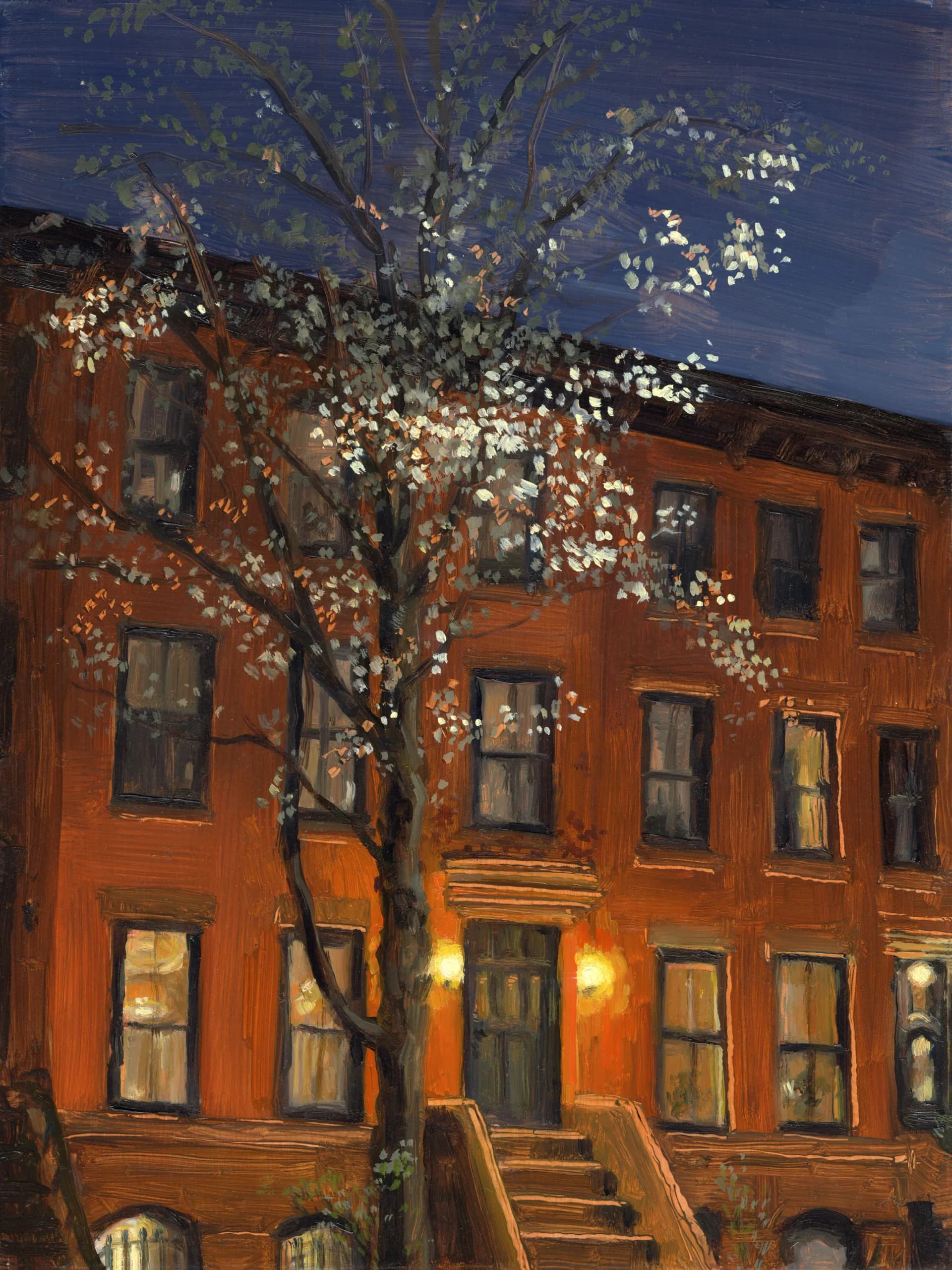 Oil painting of Brooklyn brownstone at night with blooming tree lit by doorway lamps against a deep blue sky