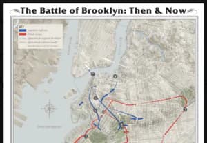 Historical map titled 'The Battle of Brooklyn: Then & Now' overlaying colonial troop movements on a modern street map.