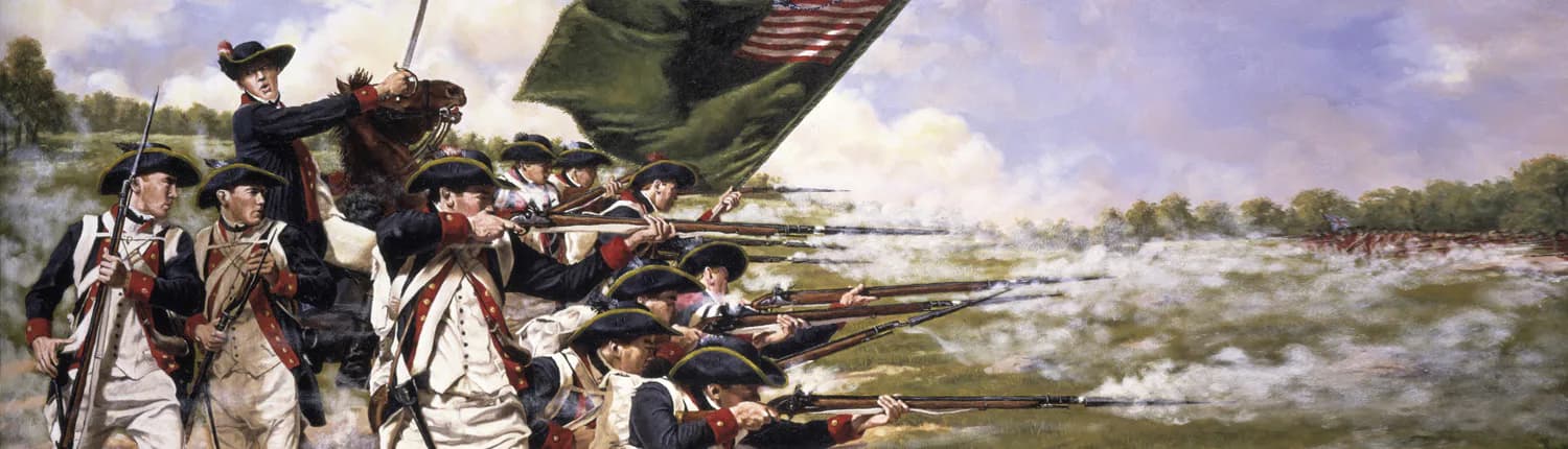 Painting depicting Revolutionary War soldiers in blue uniforms firing muskets in a line of battle amid smoke.