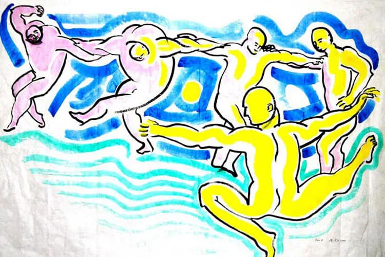 Mixed-media drawing of stylized human figures in dynamic poses, rendered in yellow and pink with blue watercolor background washes.