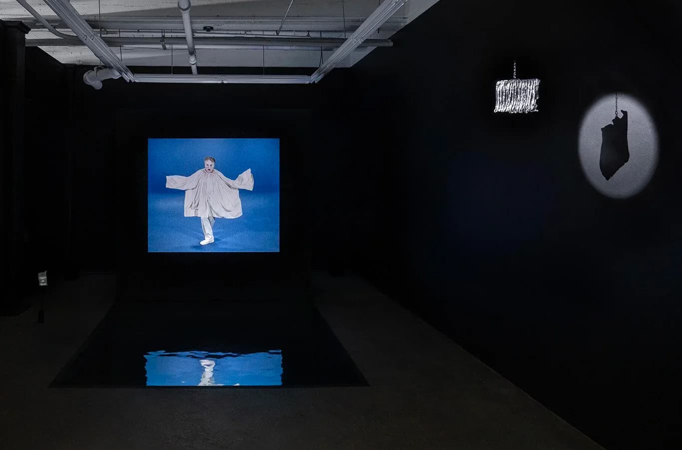 Dark gallery room with circular photographic works mounted on black walls