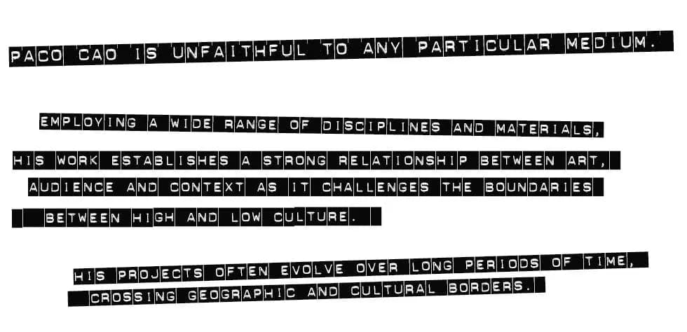 Text-based artwork by Paco Cao with black and white typographic strips exploring art, discipline, and cultural boundaries.