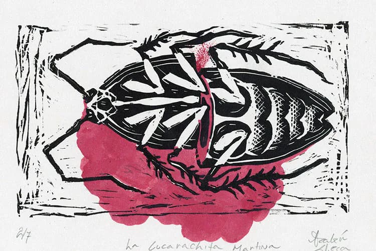 Woodcut-style print of a detailed insect with intricate patterning, rendered in black ink with vibrant pink/magenta watercolor wash beneath, signed by Palén Obesa.