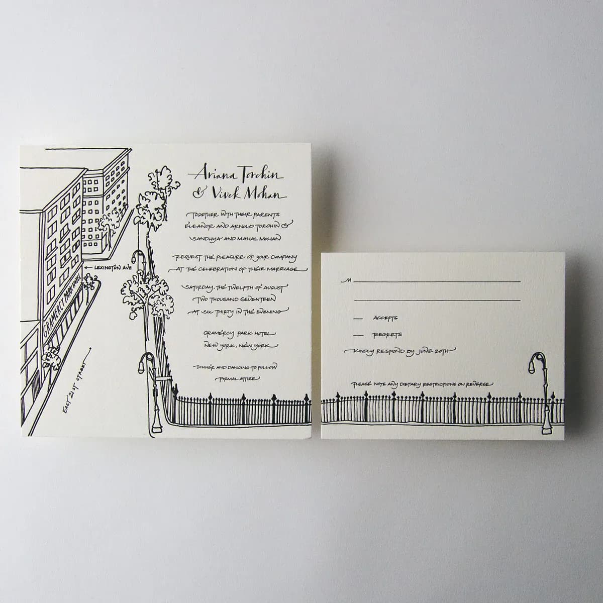 Wedding invitation suite with hand-drawn Gramercy Park Hotel illustration and calligraphy, with matching RSVP card
