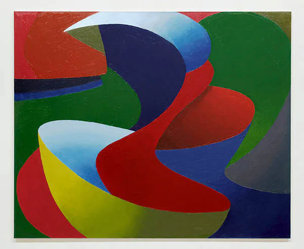 Large-scale abstract painting with undulating red, blue, green and yellow wave forms