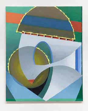 Abstract painting with yellow-green, orange and burgundy biomorphic shapes on warm background