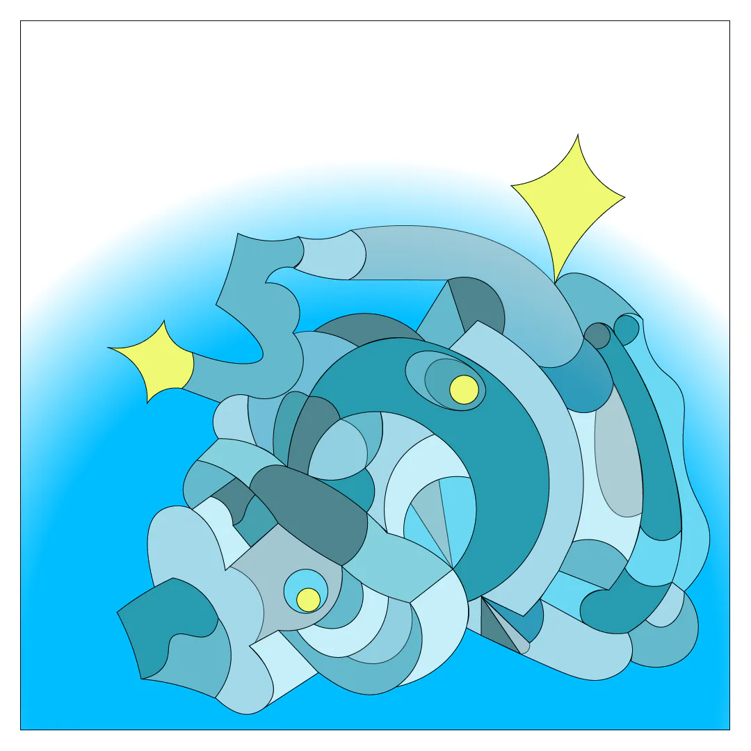 Abstract digital illustration with blue-toned mechanical organic forms and yellow sparkle accents on a glowing blue-white background