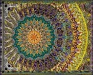 Concentric circular mandala pattern in gold, green, orange, and brown with intricate radial symmetry and fractal-like detail throughout.