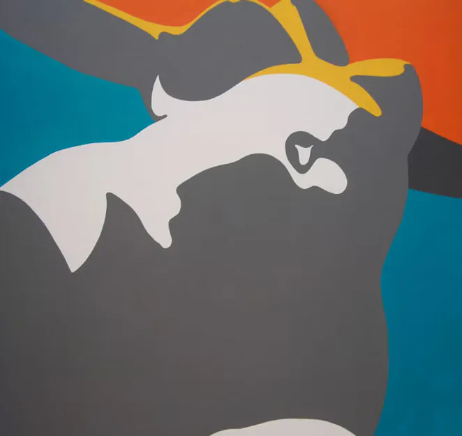 Bold figurative painting with grey female form against teal, orange, and grey background with yellow accent