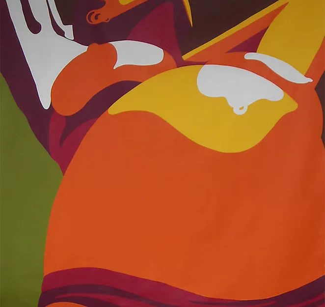 Large-scale figurative painting with orange, yellow, maroon, and white bold flat shapes on olive green background