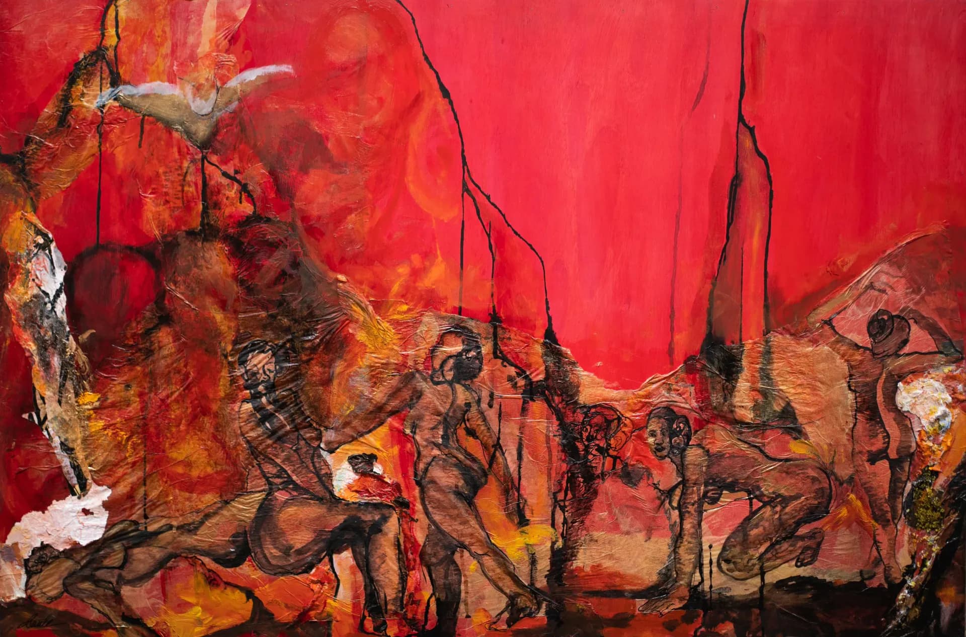 Large mixed-media painting with multiple figures in red and orange tones on canvas