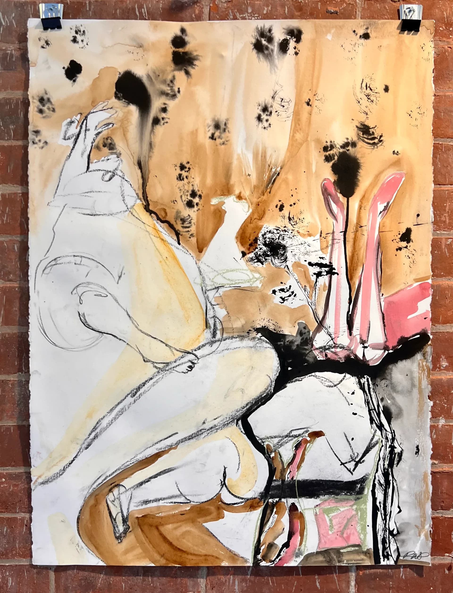 Large watercolor drawing of figures with pink botanical elements on white paper