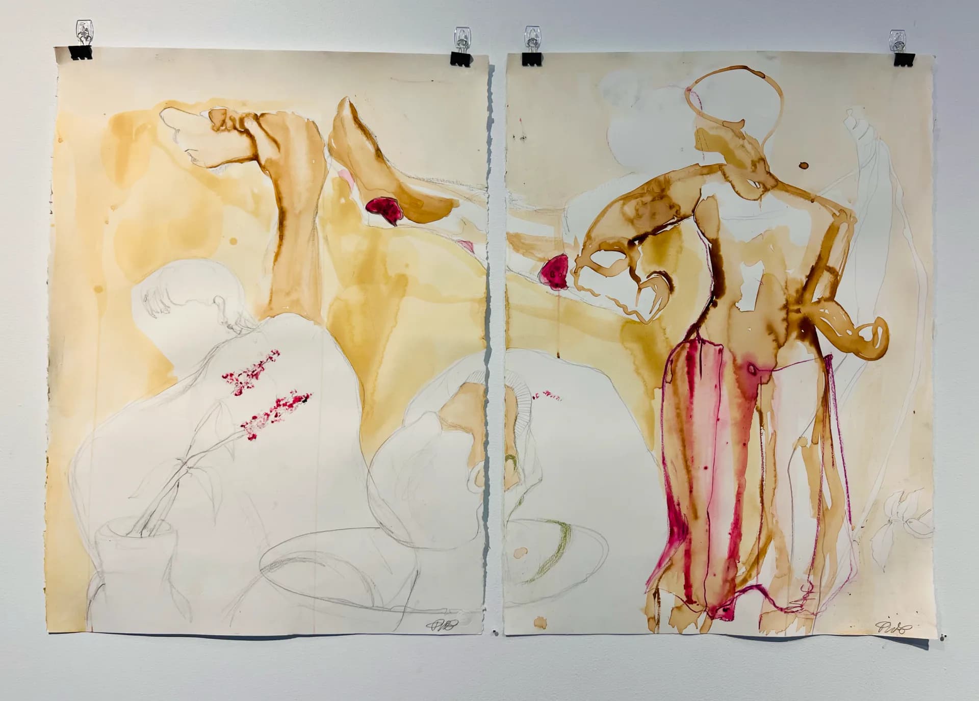 Large watercolor and ink drawing of figures amid tree branches in pink and brown tones