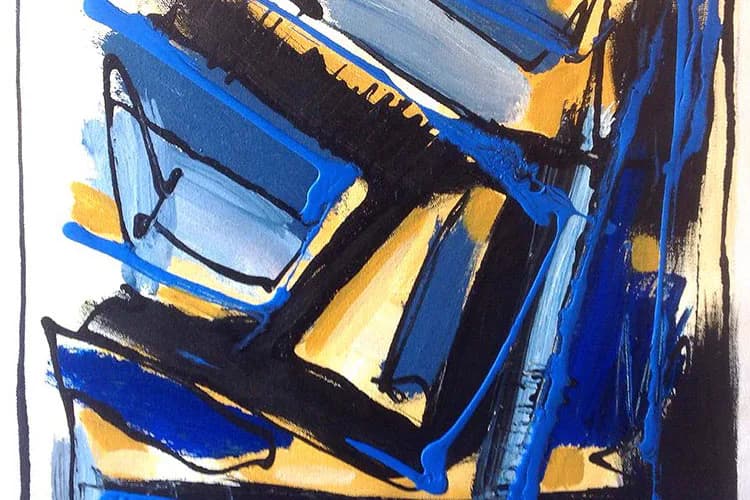 Abstract painting by Persio Minier with geometric shapes in blue, yellow, and black, featuring dynamic brushstrokes and layered composition.