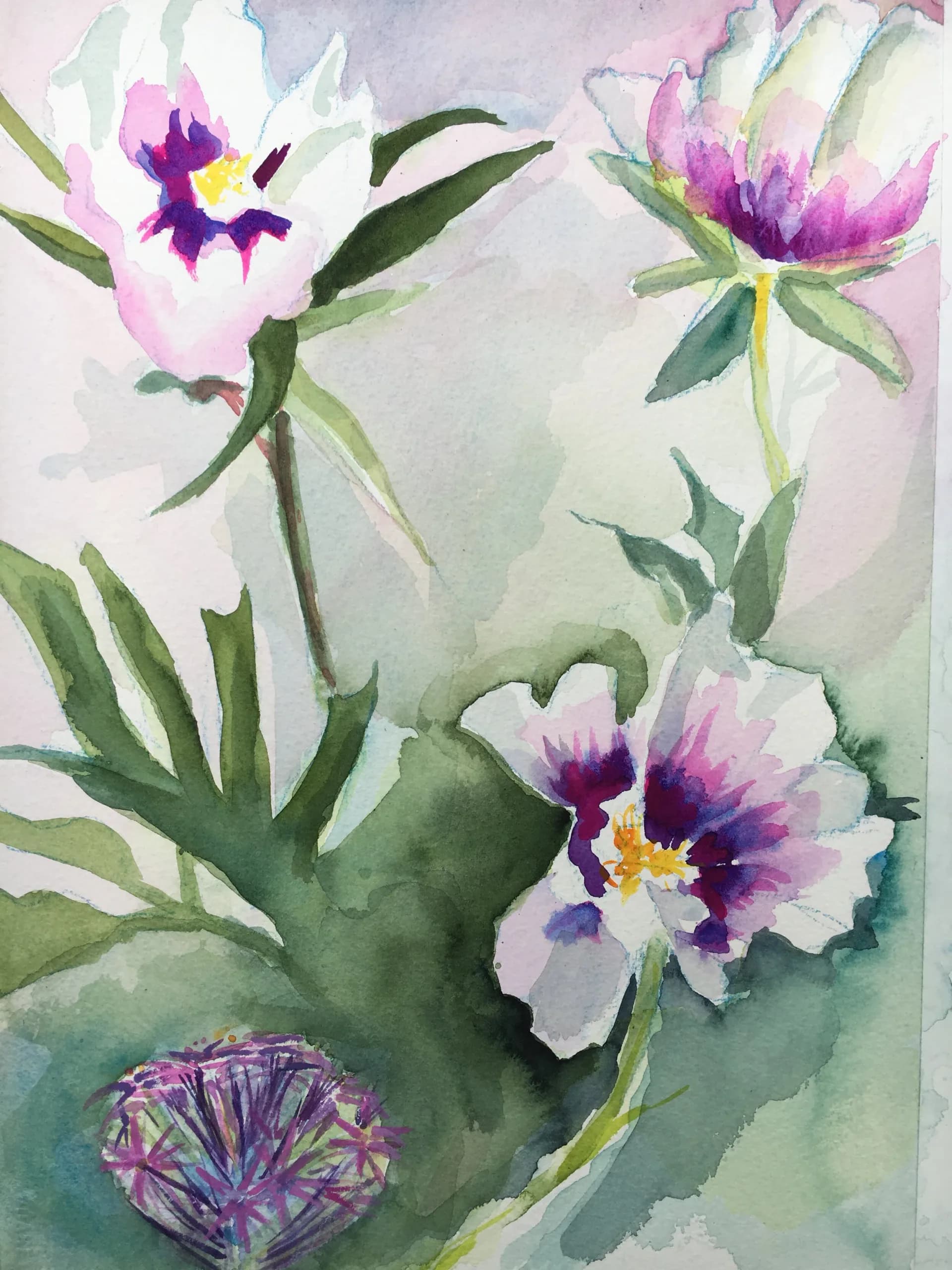 Watercolor painting of abstract staircase shadows in violet and mauve tones with decorative scroll motifs