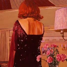 Painting of a woman in a black sequined gown viewed from behind, with pink flowers and a lamp