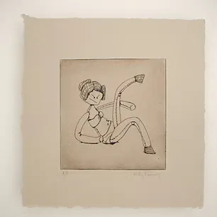 Etching of a whimsical rabbit-like character in striped clothing mid-stride