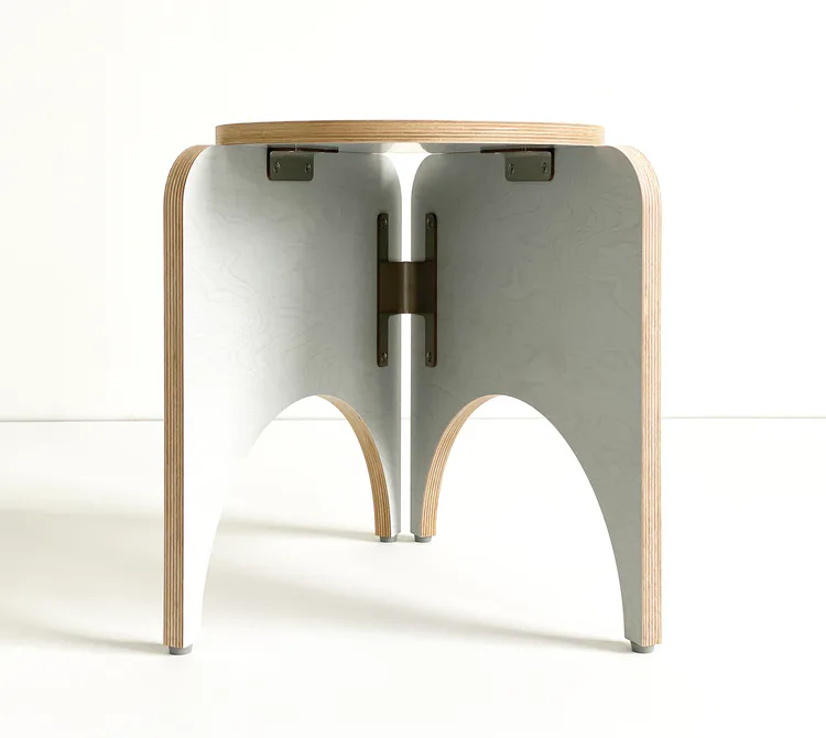 Single grey and birch plywood stool showing joinery detail