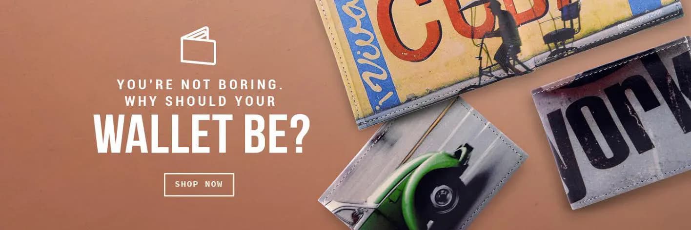 Promotional banner with 'YOU'RE NOT BORING WHY SHOULD YOUR WALLET BE?' text on terracotta background, featuring wallets and accessories.