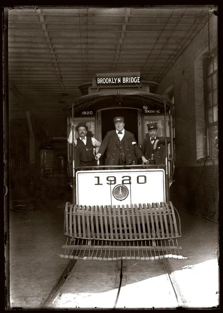 Brooklyn Bridge trolley car No. 1920 with crew, sepia toned glass plate photograph