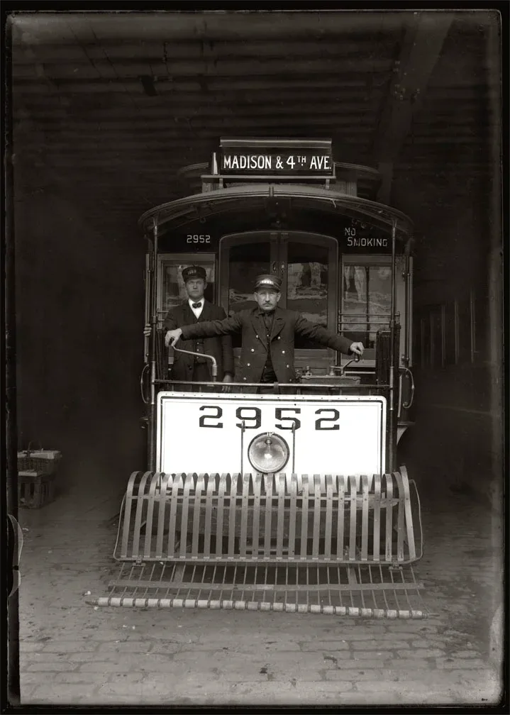 Madison and 4th Avenue trolley car No. 2952 with two operators, sepia glass plate photograph